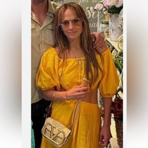 FARM RIO OFF THE SHOULDER KNOTTED CUTOUT MARIGOLD YELLOW MIDI DRESS MEDIUM - Picture 14 of 14